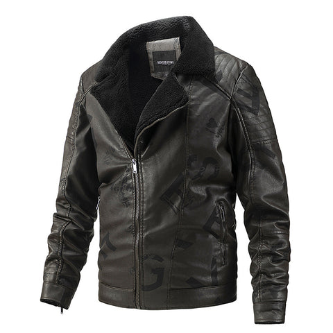 Fall Winter Lapel Men's Plus Velvet Motorcycle Leather Jacket