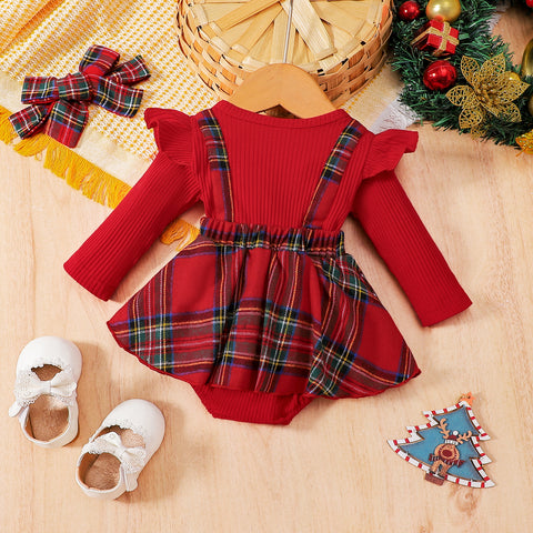 Baby Christmas New Year Pit Elk Red Plaid Dress