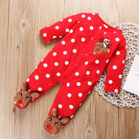 Cotton Polka Dot One-Piece Romper With Buttoned Round Neck Embroidered Deer Head One-piece