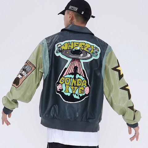 Cartoon Embroidery Contrast Color Stitching PU Leather Jacket Men's