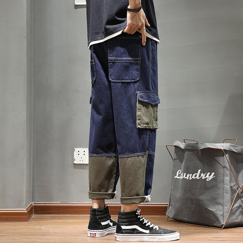 Amekaji Overalls Fashion Brand Cropped Pants Pocket Patchwork Color Denim Jeans Loose Wide Leg Pants Jean