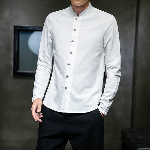 Large Size Long-sleeved Shirt With Disc Button Stand Collar