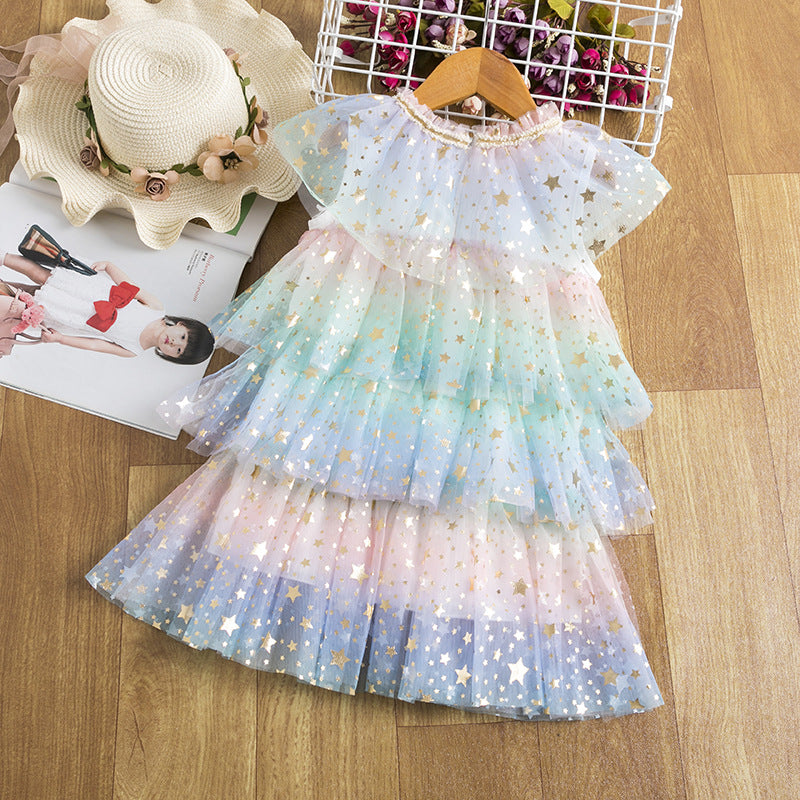 Girls Summer Rainbow Star Net Yarn Kids Princess Cake Dress