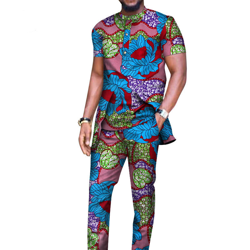 African Men's Long-sleeved T-shirt And Pants Suit Cotton