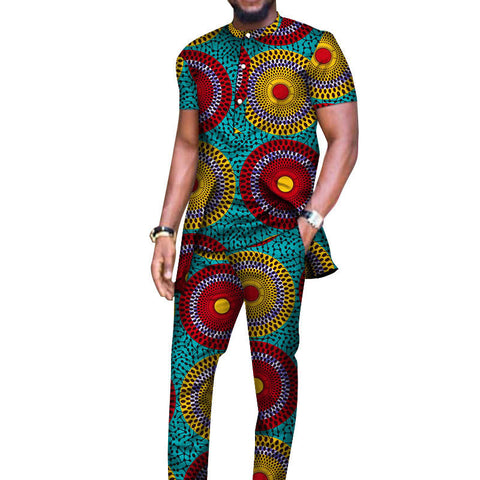 African Men's Long-sleeved T-shirt And Pants Suit Cotton