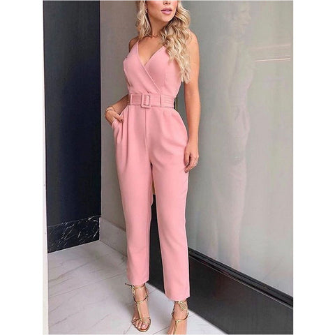 Solid Color Vneck Urban Casual Sexy Jumpsuit