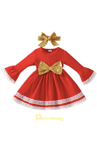 Baby Girls Red Dress Christmas Outfit Headband Bow