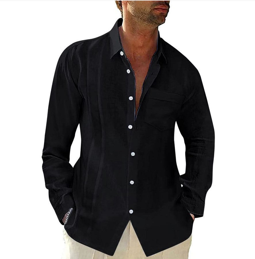 Pocket Lapel Fit Men's Long-sleeved Cotton And Linen Shirt