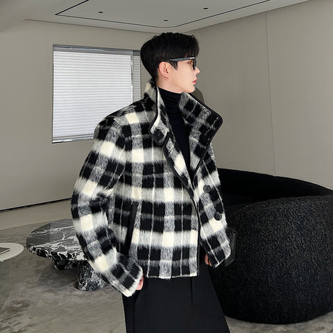 Men's And Women's Trendy Checked Woolen Jacket With Stand Collar