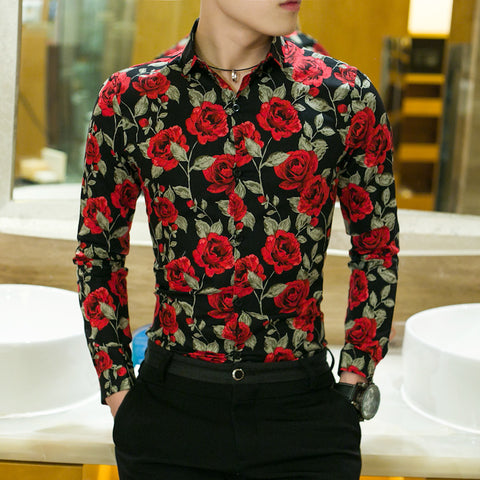 New Men's Slim Long-sleeved Printed Shirt