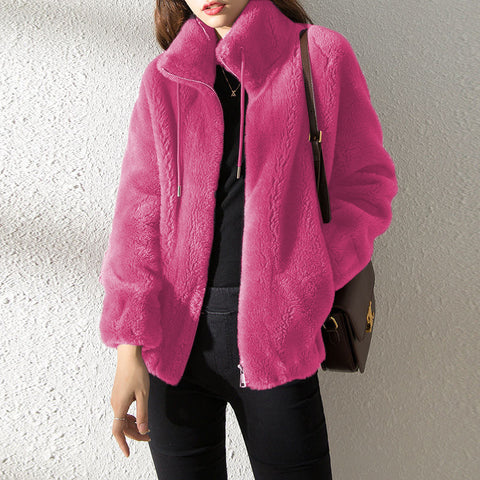 Double Faced Fleece Warm High Neck Sweater Women Cardigan