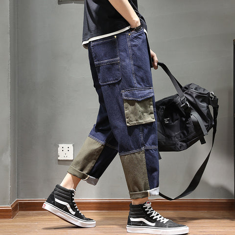 Amekaji Overalls Fashion Brand Cropped Pants Pocket Patchwork Color Denim Jeans Loose Wide Leg Pants Jean