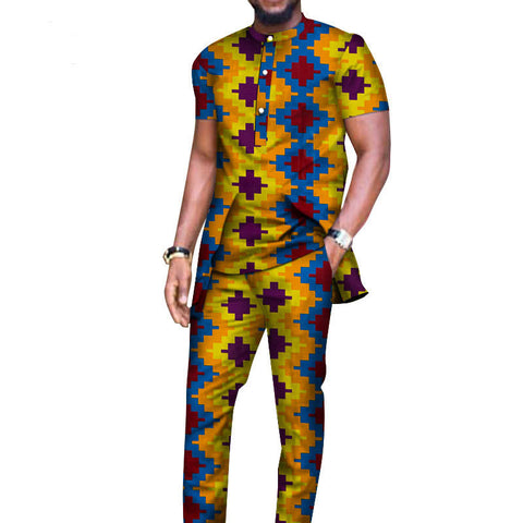 African Men's Long-sleeved T-shirt And Pants Suit Cotton