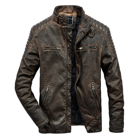 Fashion Thick Solid Color Retro Men's Leather Jacket