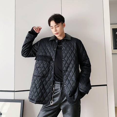 Argyle-patterned Leather Lapel Thin Cotton-padded Jacket