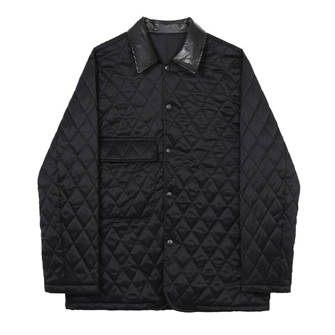 Argyle-patterned Leather Lapel Thin Cotton-padded Jacket