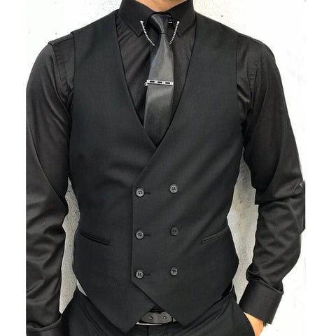 Black Formal Men Vest With Double Breasted V Neck One Piece