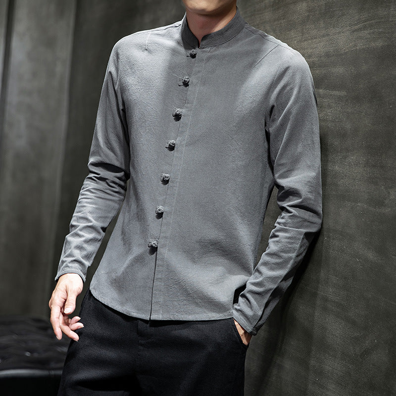 Large Size Long-sleeved Shirt With Disc Button Stand Collar