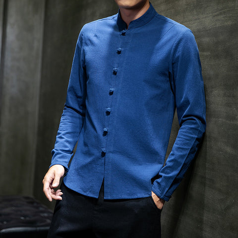 Large Size Long-sleeved Shirt With Disc Button Stand Collar