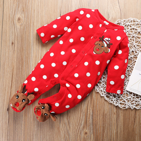 Cotton Polka Dot One-Piece Romper With Buttoned Round Neck Embroidered Deer Head One-piece