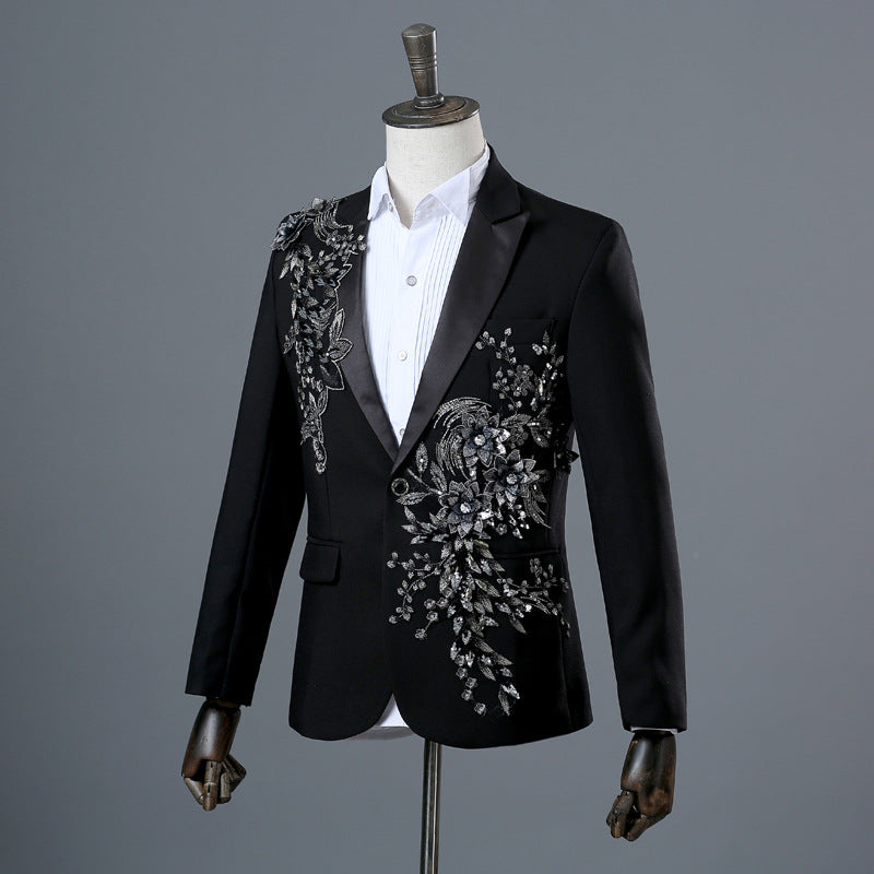 Crystal Embroidery Flowers Stage Singer Suit Jacket Bar Wedding Suit Jacket